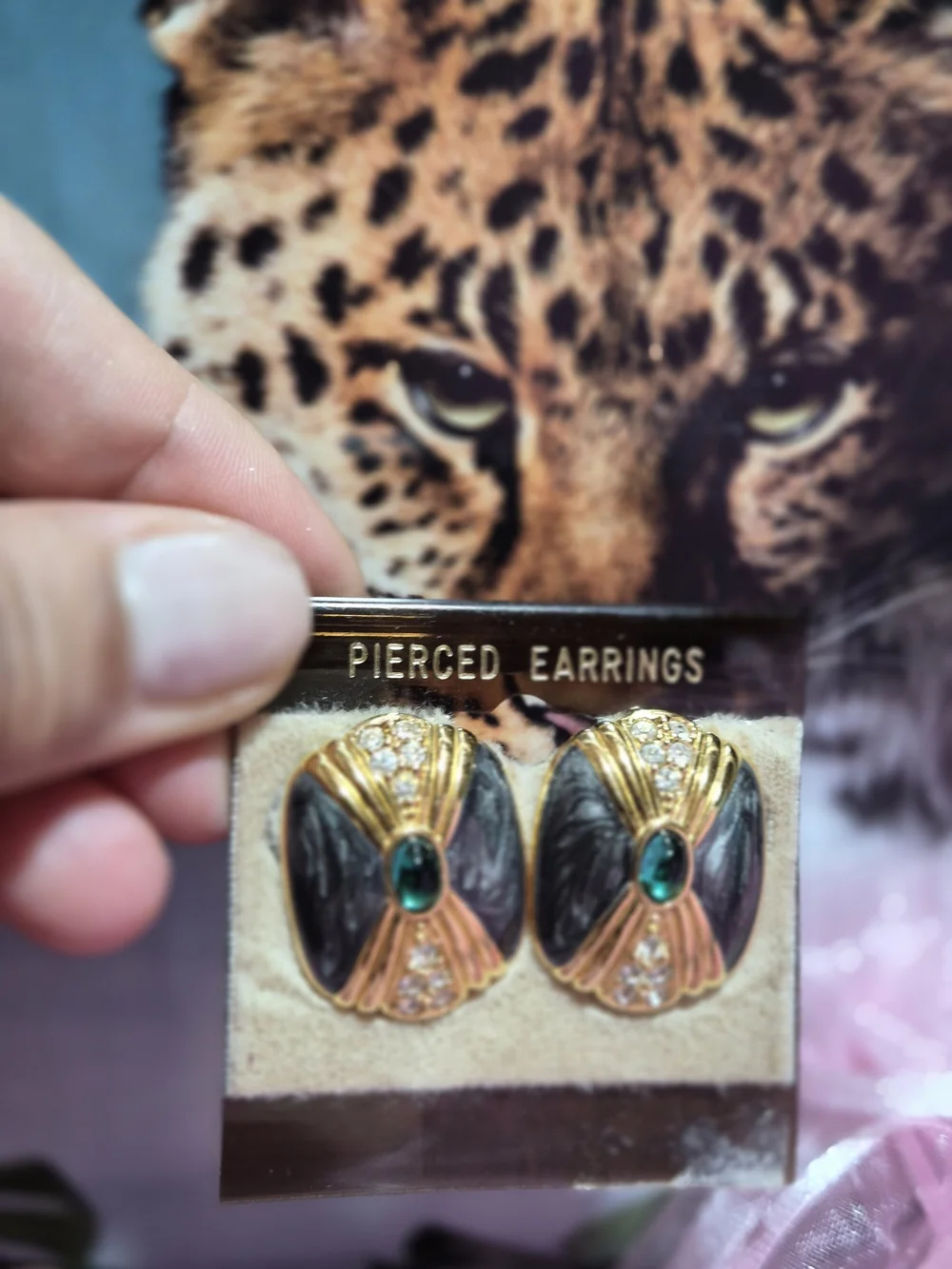 Kenneth Jay Lane Gold-Tone Black Enamel Earrings with Green Stone - Picture 5 of 6